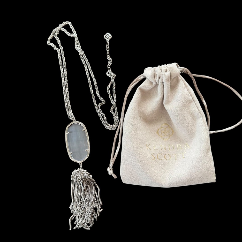 Kendra Scott Rayne Long Pendant Necklace Silver Grey Cats Eye Tassel 32 Inch